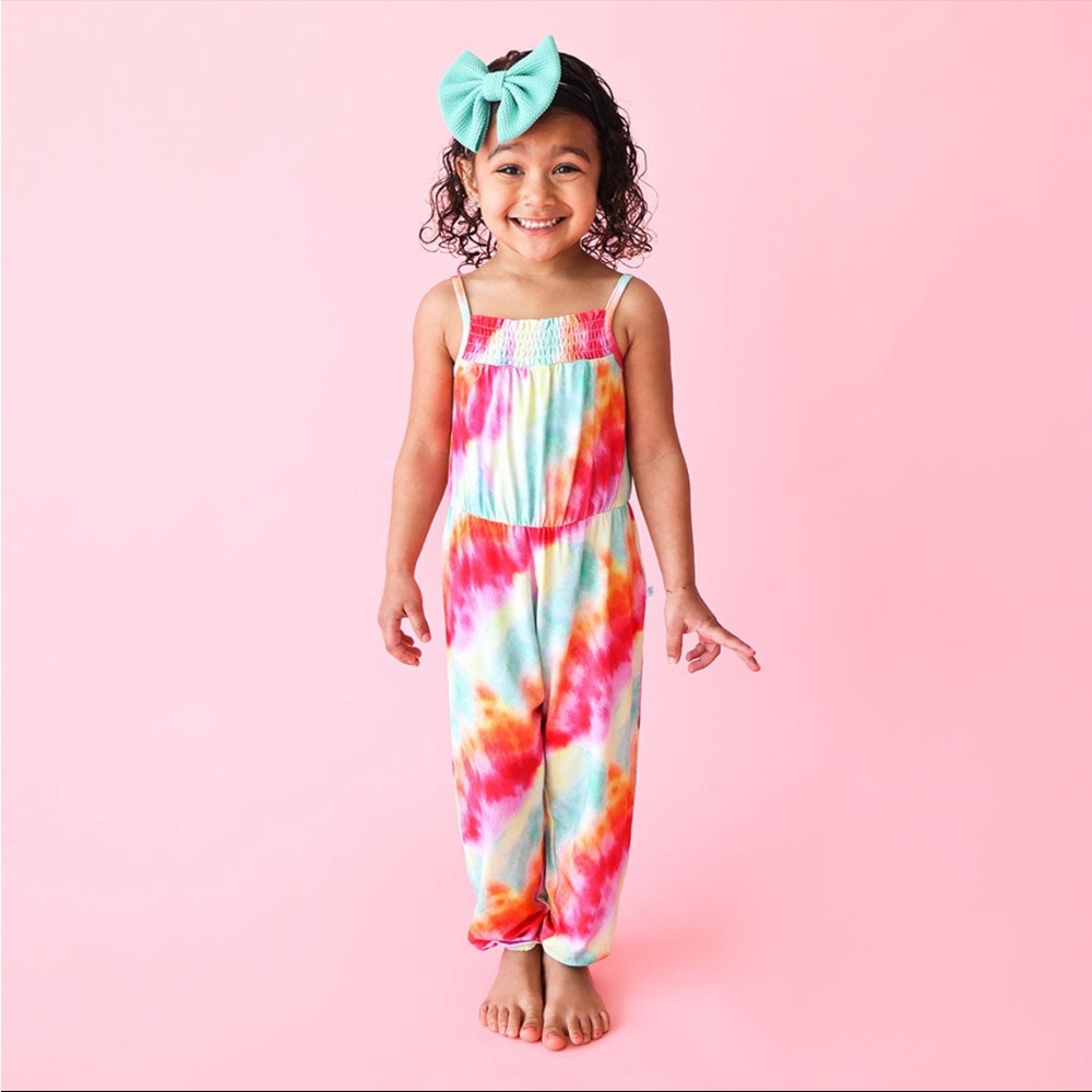 Posh Peanut Rainbow Tie Dye Sleeveless Smocked Jumpsuit